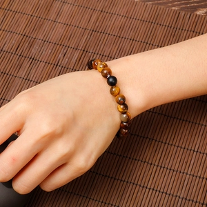 Natural yellow tiger eye beaded bracelet with matte black agate bead for men and women