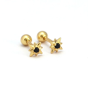 Golden octagonal star silver stud earrings with black gemstone and screw back closure