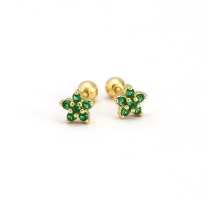 Minimalist 925 sterling silver flower stud earrings with green zircon and screw backs
