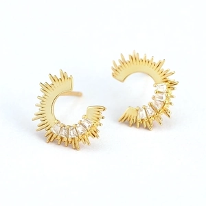 Elegant gold S925 silver C-shaped earrings with sunburst spikes and cubic zirconia