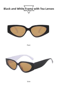Detailed front and side view of cat-eye sunglasses with black and white frames