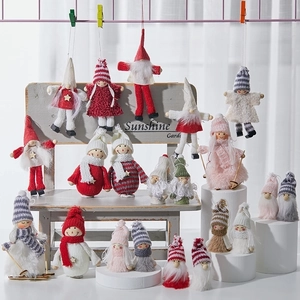 Christmas Tree Ornaments Knitted Gnome Snowman Dolls Wooden Felt Hanging Pendant Nordic Winter Holiday Decor