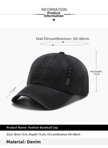 Detailed size guide for black washed denim baseball cap with metal stud and logo