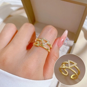 Triangle Open Ring Brass Gold Plated Cubic Zirconia Double Layer Adjustable Minimalist Jewelry For Women