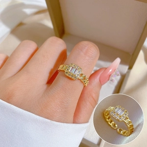 Square Cluster Adjustable Ring Gold Plated Brass Cubic Zirconia Chain Band Minimalist Jewelry For Women