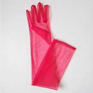 Elegantes guantes de novia de tul rojo de 70cm, malla ligera y translúcida sofisticada