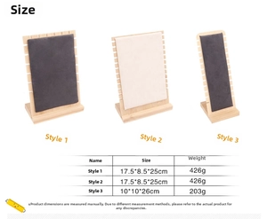 Size chart for bamboo jewelry stands showing dimensions and weights of three models