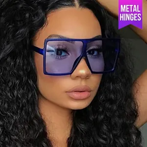 Retro oversized square sunglasses in transparent deep blue with metal hinges for women
