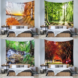 Set of four natural landscape tapestries featuring forest and waterfall scenes for wall decor