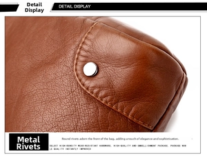 Detail shot of the durable silver metal rivet and textured brown PU leather on crossbody bag