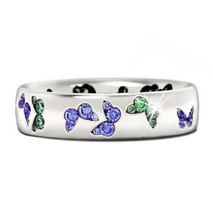 Silver ring for women with colorful butterfly patterns and shimmering zircon stones