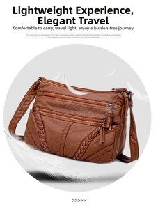 Macro detail of brown textured leather crossbody bag with three zippers and braided trim