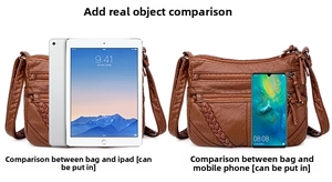 Brown leather crossbody bag with multiple zippers shown next to iPad for size comparison