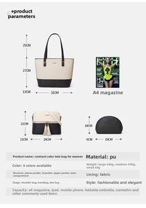 Detailed size comparison of 3-piece tote bag set in cream white and black PU leather