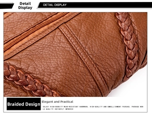 Detail of brown faux leather bag showing litchi texture and hand-woven decorative straps