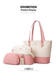 Three-piece tote bag set in pink and white with tassels and long straps