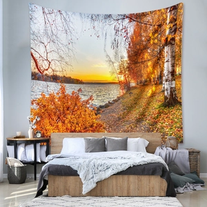 Detailed view of bohemian autumn landscape tapestry showing golden forest and sunset