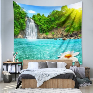 Detailed macro view of nature forest waterfall landscape tapestry used as bedroom headboard