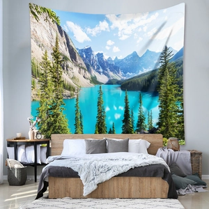 Detail of high-quality polyester tapestry featuring a scenic mountain lake landscape
