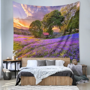 Detail of lavender field sunset tapestry showing fabric texture and landscape design
