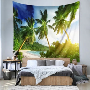 Detail of tropical beach tapestry with palm trees and ocean view as a bedroom backdrop