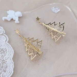 Golden Christmas tree earrings with star studs on elegant pink satin and lace background