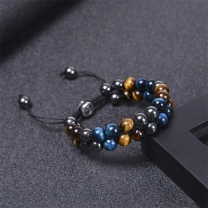 Double-layer braided bracelet with 8mm blue tiger eye and black magnetic stone beads