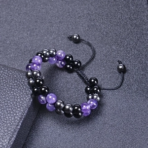 8mm natural amethyst and hematite double-layer adjustable magnetic beaded bracelet