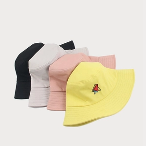 Bucket hats in black grey pink and yellow with embroidered watermelon popsicle pattern