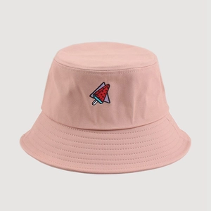 Detailed embroidery of a watermelon popsicle on a pink cotton bucket hat