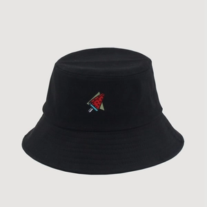 Detail of watermelon popsicle embroidery on a black cotton canvas bucket hat