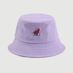Light purple cotton bucket hat with watermelon embroidery for summer sun protection