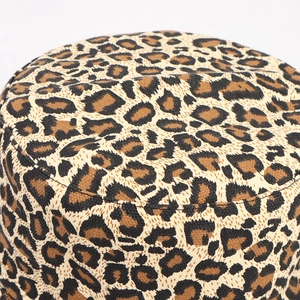 Close-up of leopard print fisherman hat showing canvas texture and stitching details