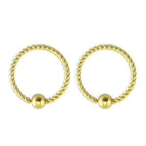 Detail shot of golden twisted stainless steel nose ring with a polished captive bead