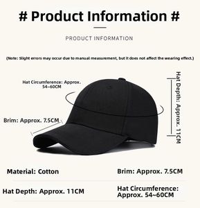 Detailed size chart for cotton baseball cap showing brim depth and head circumference