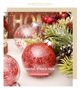 Detailed view of 6cm transparent Christmas balls with red glitter and festive ornaments