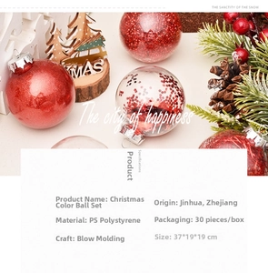 Detail of red glitter and transparent Christmas ornaments with festive pine decorations