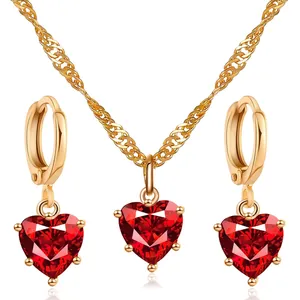 Bijoux En Zircone Coeur Rouge Collier Et Boucles D'oreilles En Cuivre Plaqué Or Accessoires De Mariage Élégants