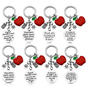 Set of eight stainless steel teacher appreciation keychains with apple and owl charms