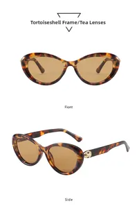 Front and side view of cat eye sunglasses with tortoiseshell frame and metal snake detail