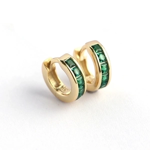 S925 sterling silver gold hoop earrings featuring five square-cut green zircons