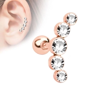 Rose gold stainless steel helix stud earring with curved five-crystal arrangement