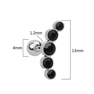 Stainless steel helix stud earring with five black cubic zirconia stones and dimensions