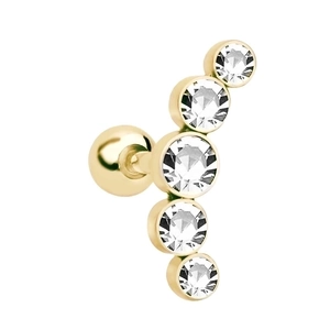 Detailed close-up of golden stainless steel stud earring with five clear crystals