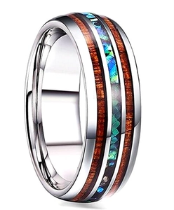 Titanium steel ring with inlaid wood grain and abalone shell colorful dragon pattern
