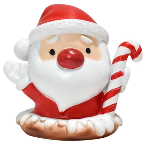 Miniature Santa Claus figurine with candy cane on a brown base for Christmas decor