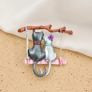 Charming enamel cat brooch on a pink swing branch, elegant alloy jewelry for suits