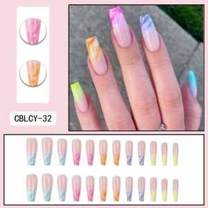 Rainbow gradient marble long coffin press-on nails set in colorful transition design