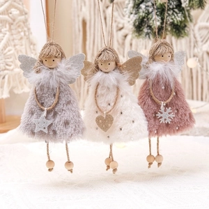 Plush Christmas Angel Hanging Ornaments Handmade Fabric Wooden Bead Jute Rope Doll Figurines Tree Holiday Decor