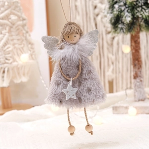 Handmade plush angel doll Christmas tree ornament in grey with silver wings and star